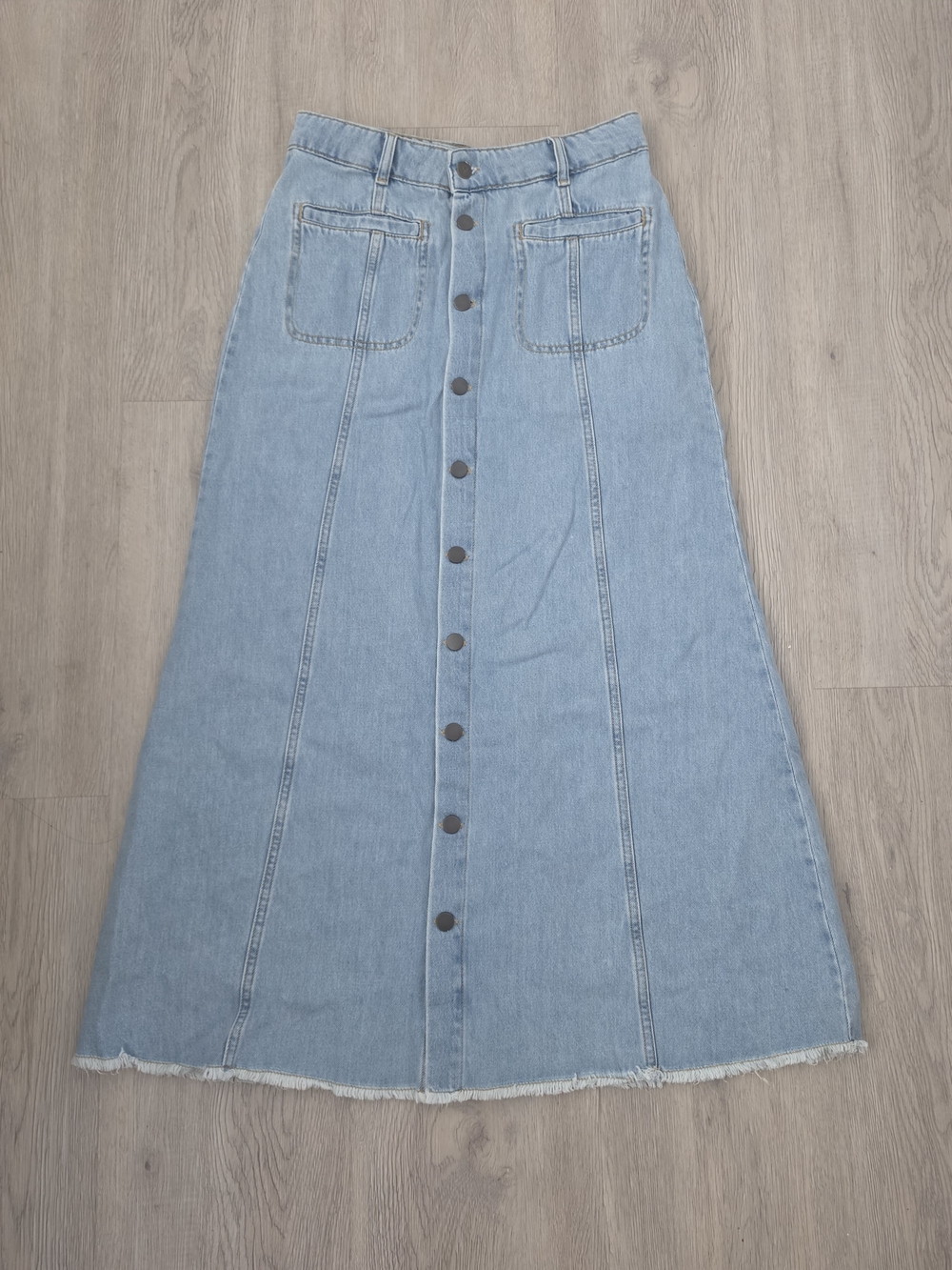 Wrap London Light Blue Button-Front A-Line Denim Maxi Skirt